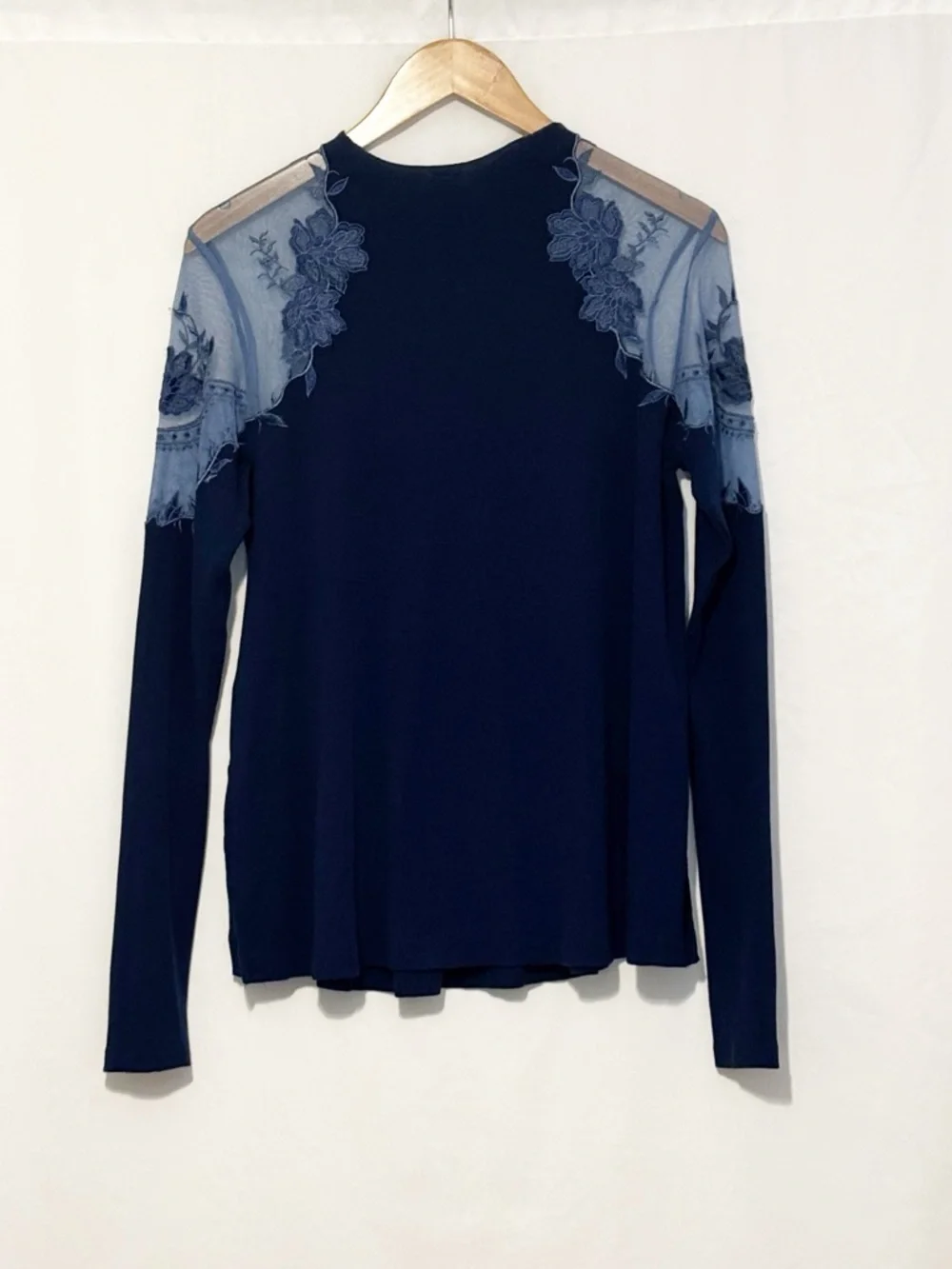 Free People Daniela Lace Ribbed Knit Top Size‎ Small Blue Sheer Boho Mesh
